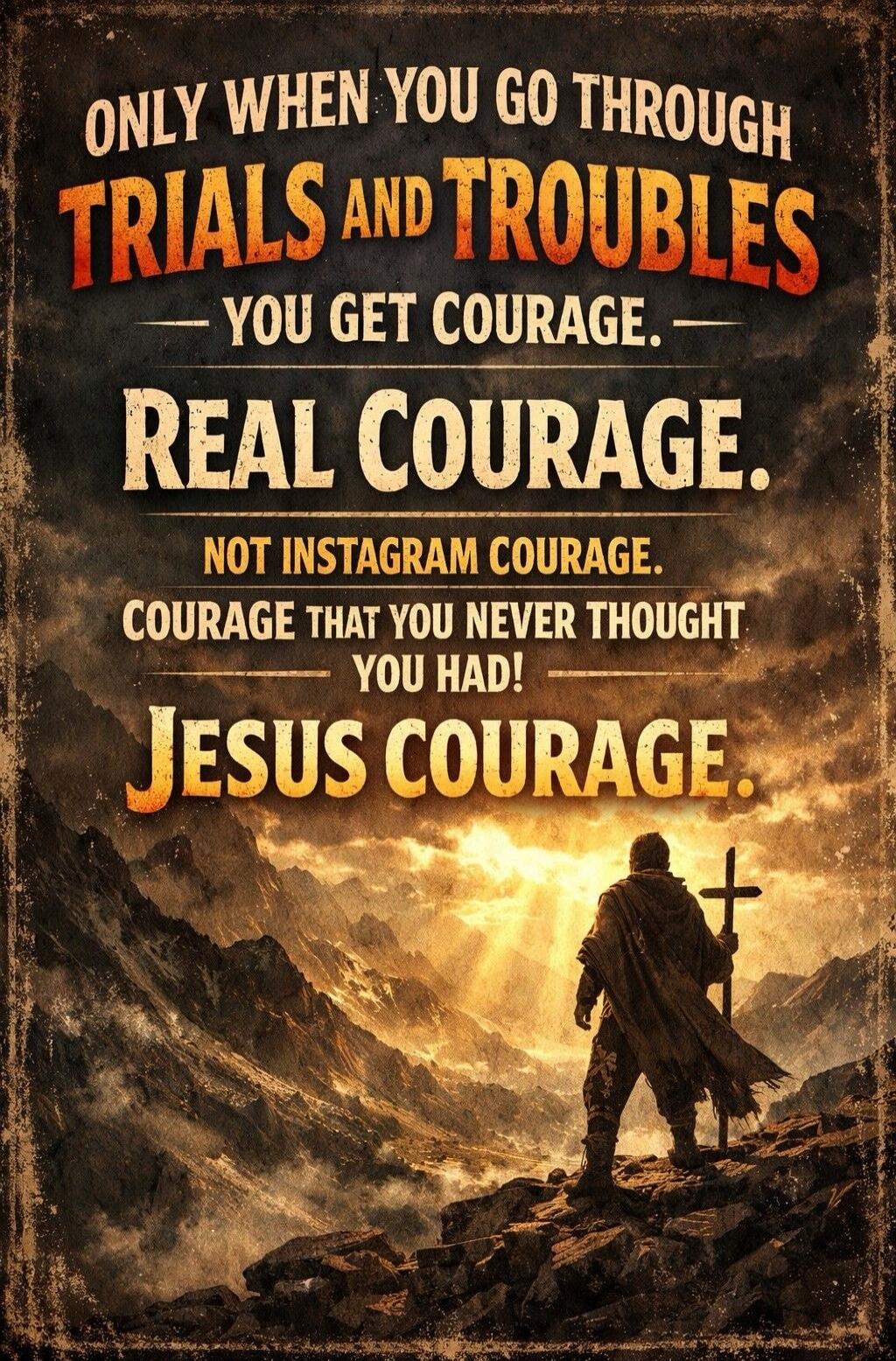 ONLY WHEN YOU GO THROUGH TRIALS AND TROUBLES YOU GET COURAGE. REAL COURAGE. NOT INSTAGRAM COURAGE. COURAGE THAT YOU NEVER THOUGHT YOU HAD! JESUS COURAGE.