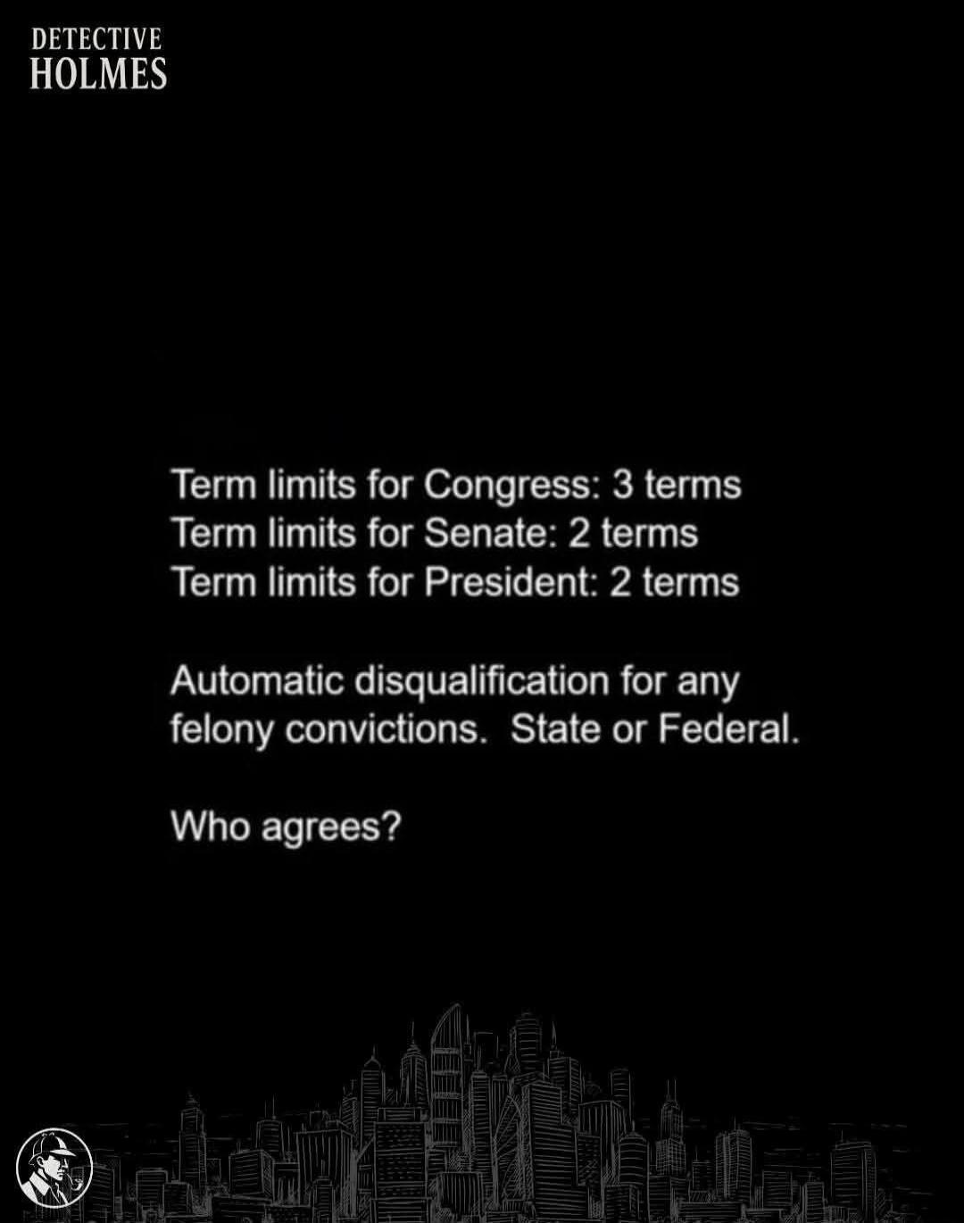 DETECTIVE HOLMES. Term limits for Congress: 3 terms. Term limits for Senate: 2 terms. Term limits for President: 2 terms. Automatic disqualification for any felony convictions. State or Federal. Who agrees?