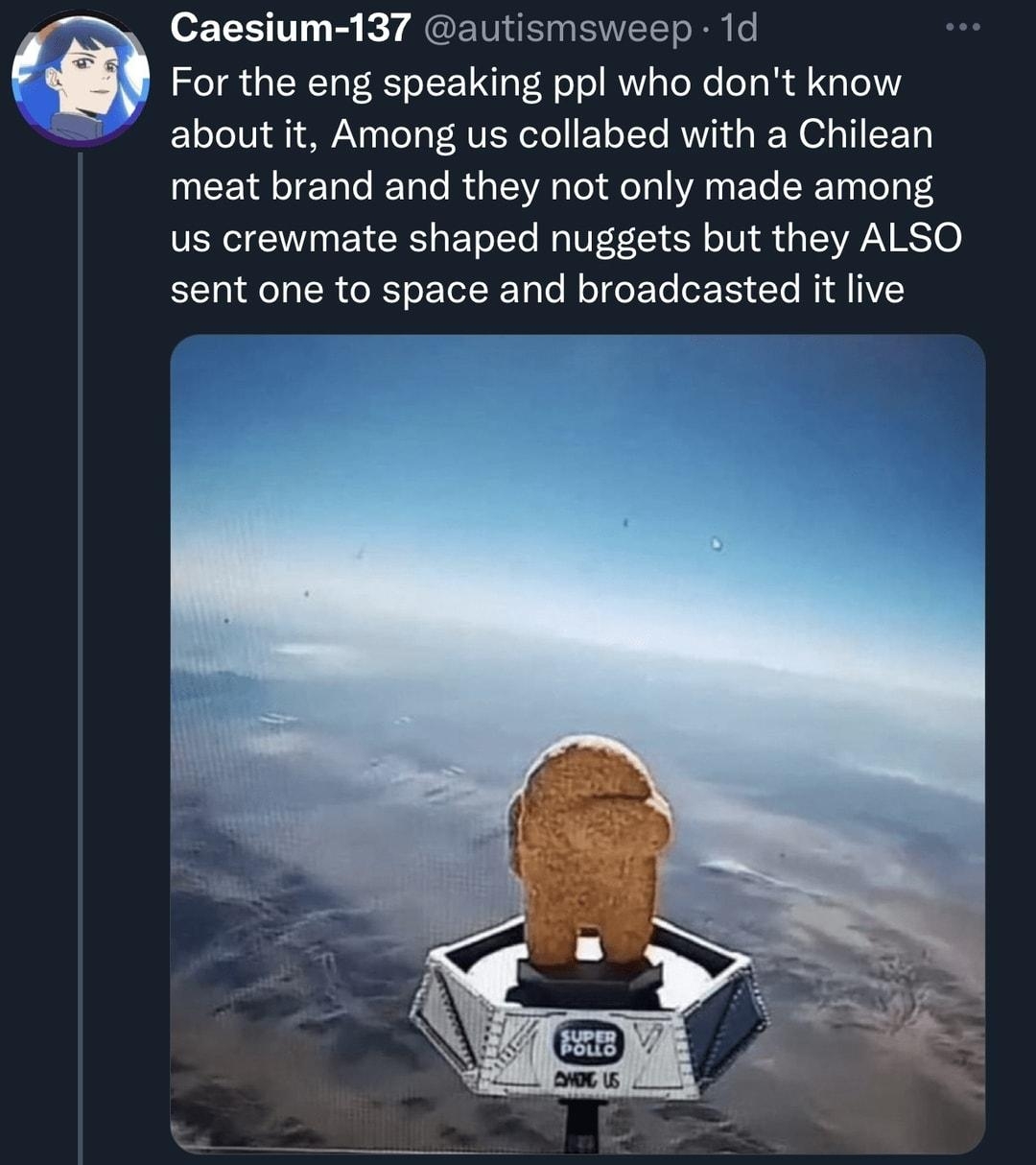 Caesium 137 autismsweep 1d For the eng speaking ppl who dont know about it Among us collabed with a Chilean UCENLERG LG RGEE IR IR EL ERET T us crewmate shaped nuggets but they ALSO sent one to space and broadcasted it live O 423 T 2eeK O K