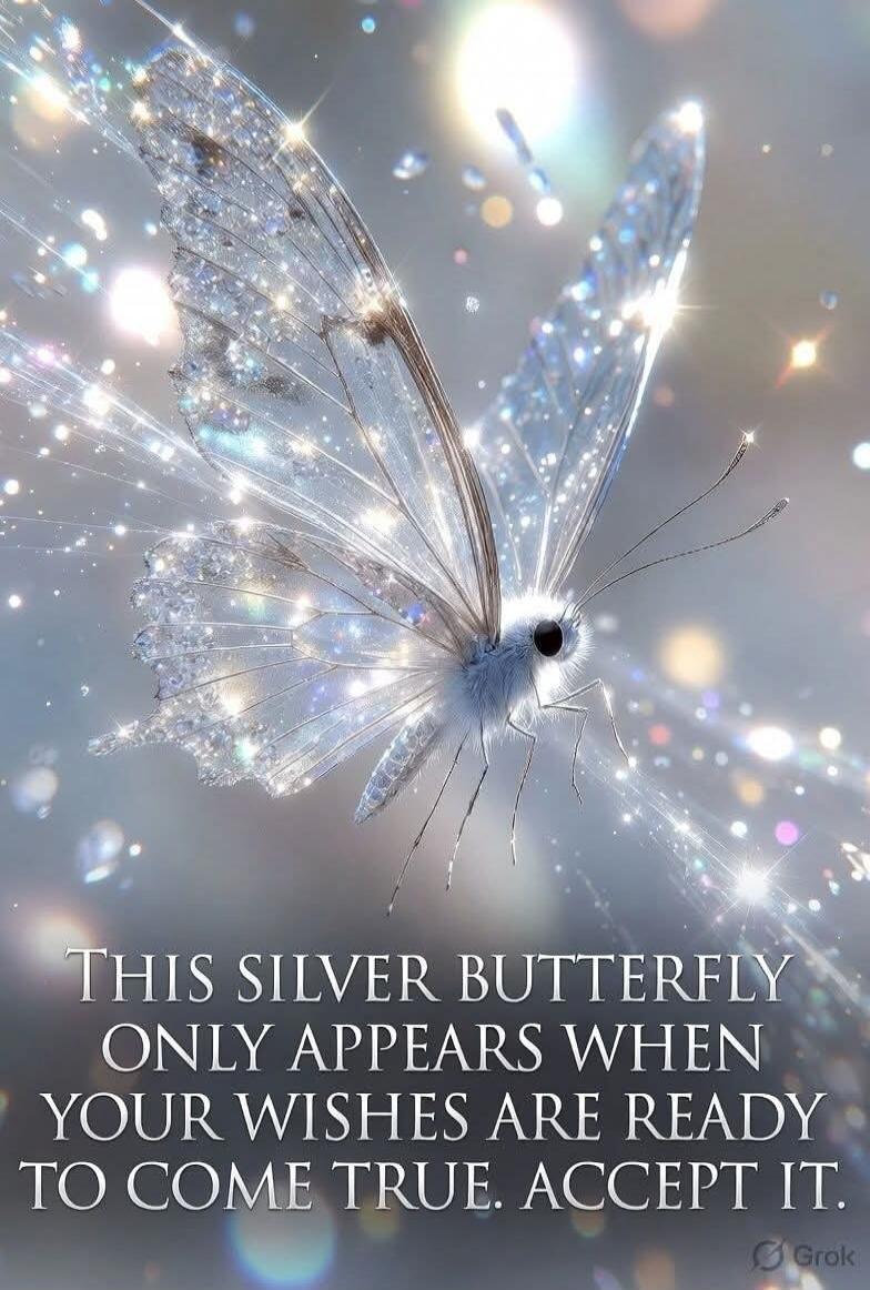 THIS SILVER BUTTERFLY ONLY APPEARS WHEN YOUR WISHES ARE READY TO COME TRUE. ACCEPT IT.