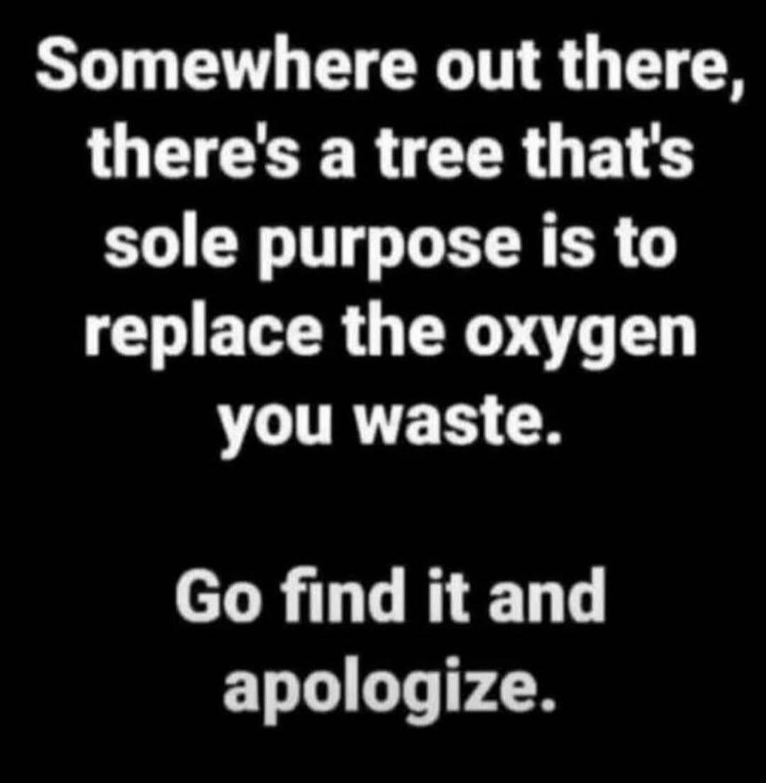 Somewhere out there, there's a tree that's sole purpose is to replace the oxygen you waste. Go find it and apologize.