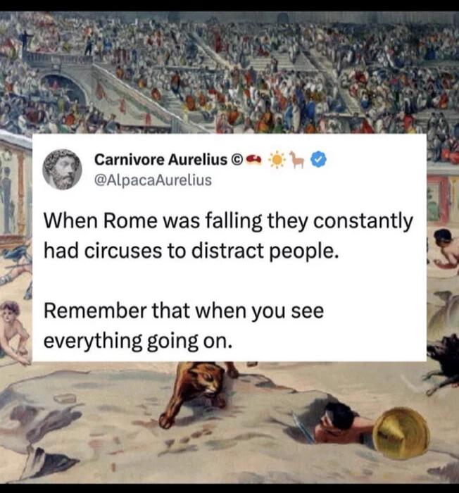 Carnivore Aurelius s AlpacaAurelius When Rome was falling they constantly had circuses to distract people Remember that when you see everything going on