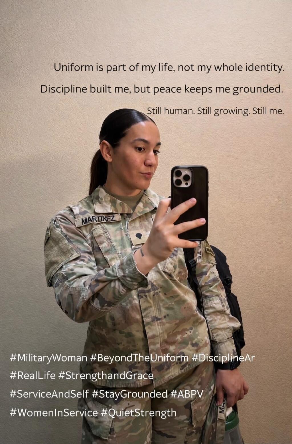 Uniform is part of my life, not my whole identity. Discipline built me, but peace keeps me grounded. Still human. Still growing. Still me. #MilitaryWoman #BeyondTheUniform #DisciplineArmor #RealLife #StrengthandGrace #ServiceAndSelf #StayGrounded #ABPV #WomenInService #QuietStrength