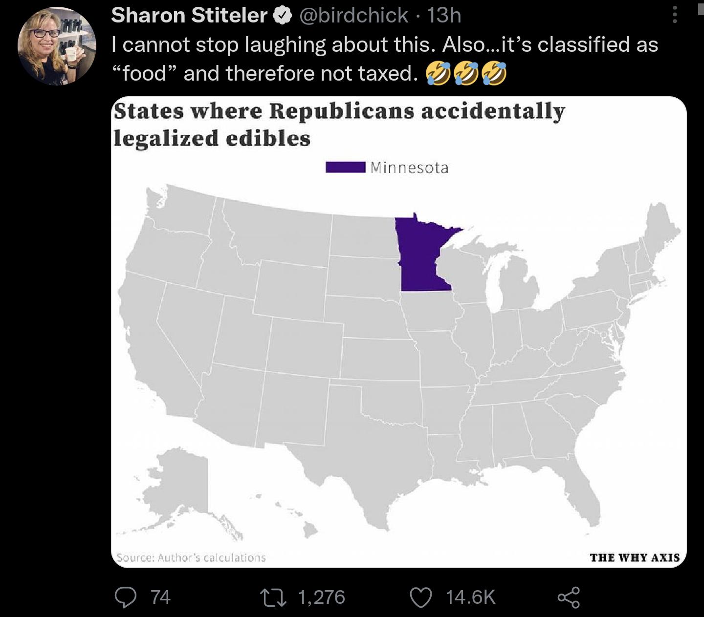 Sharon Stiteler I 1 oot ctop taughing abourt tis Also i S food and therefore not taxed States where Republicans accidentally legalized edibles