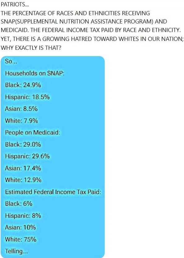 PATRIOTS... THE PERCENTAGE OF RACES AND ETHNICITIES RECEIVING SNAP (SUPPLEMENTAL NUTRITION ASSISTANCE PROGRAM) AND MEDICAID. THE FEDERAL INCOME TAX PAID BY RACE AND ETHNICITY. YET, THERE IS A GROWING HATRED TOWARD WHITES IN OUR NATION; WHY EXACTLY IS THAT? So... Households on SNAP: Black: 24.9% Hispanic: 18.5% Asian: 8.5% White: 7.9% People on Medi