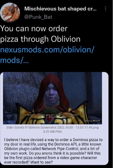 Mischievous bat shaped cr Bat You can now order pizza through Oblivion nexusmodscomoblivion mods believe have d a way to order a Dominos pizza to or in g the Dominos API a little known Oblivion plugin called Network Pipe Control and a bit of Do you an sible Will red from a video game character