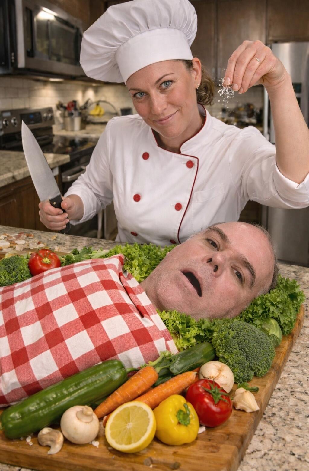 A female chef in a white uniform and hat holds a large knife and sprinkles salt over a man's head, which is arranged on a cutting board with lettuce and various vegetables, as if he is a dish. The man has a surprised expression.