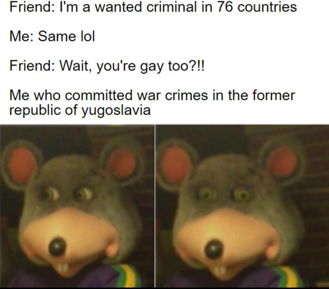 Friend Im a wanted criminal in 76 countries Me Same lol Friend Wait youre gay too Me who committed war crimes in the former republic of yugoslavia