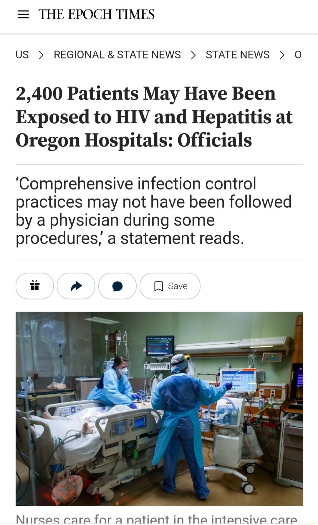 THE EPOCH TIMES US REGIONALSTATENEWS STATENEWS Ol 2400 Patients May Have Been Exposed to HIV and Hepatitis at Oregon Hospitals Officials Comprehensive infection control practices may not have been followed by a physician during some procedures a statement reads Niirees rare for a natient in the intensive care