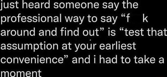 Just heard someone say the professional way to say f k around and find out is test that assumption at your earliest oo VT ITo o iiTa e R ETe R e R R moment