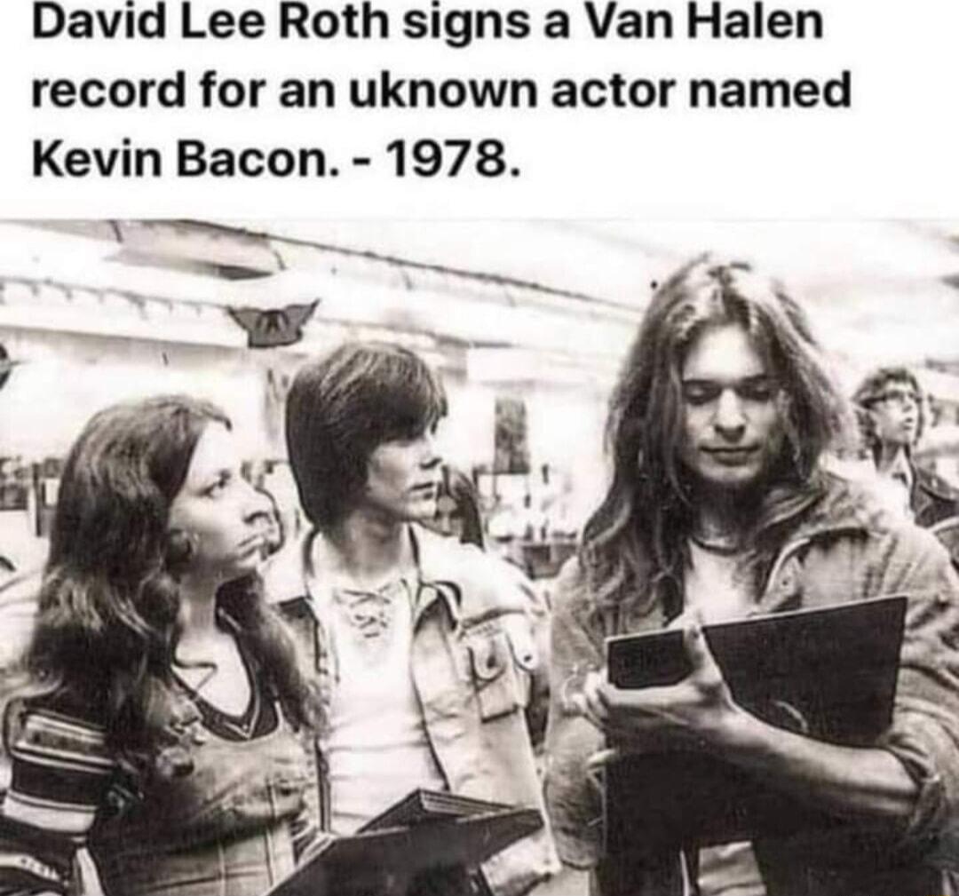 David Lee Roth signs a Van Halen record for an uknown actor named Kevin Bacon 1978