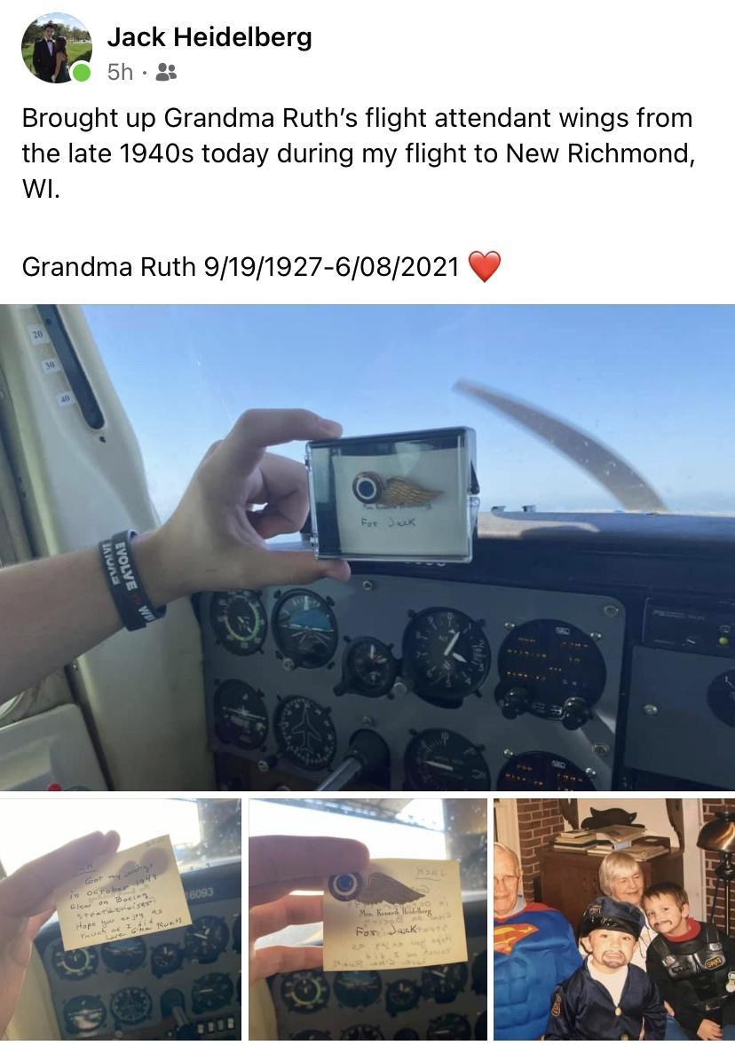 Jack Heidelberg 5h Brought up Grandma Ruths flight attendant wings from the late 1940s today during my flight to New Richmond WI Grandma Ruth 9191927 6082021