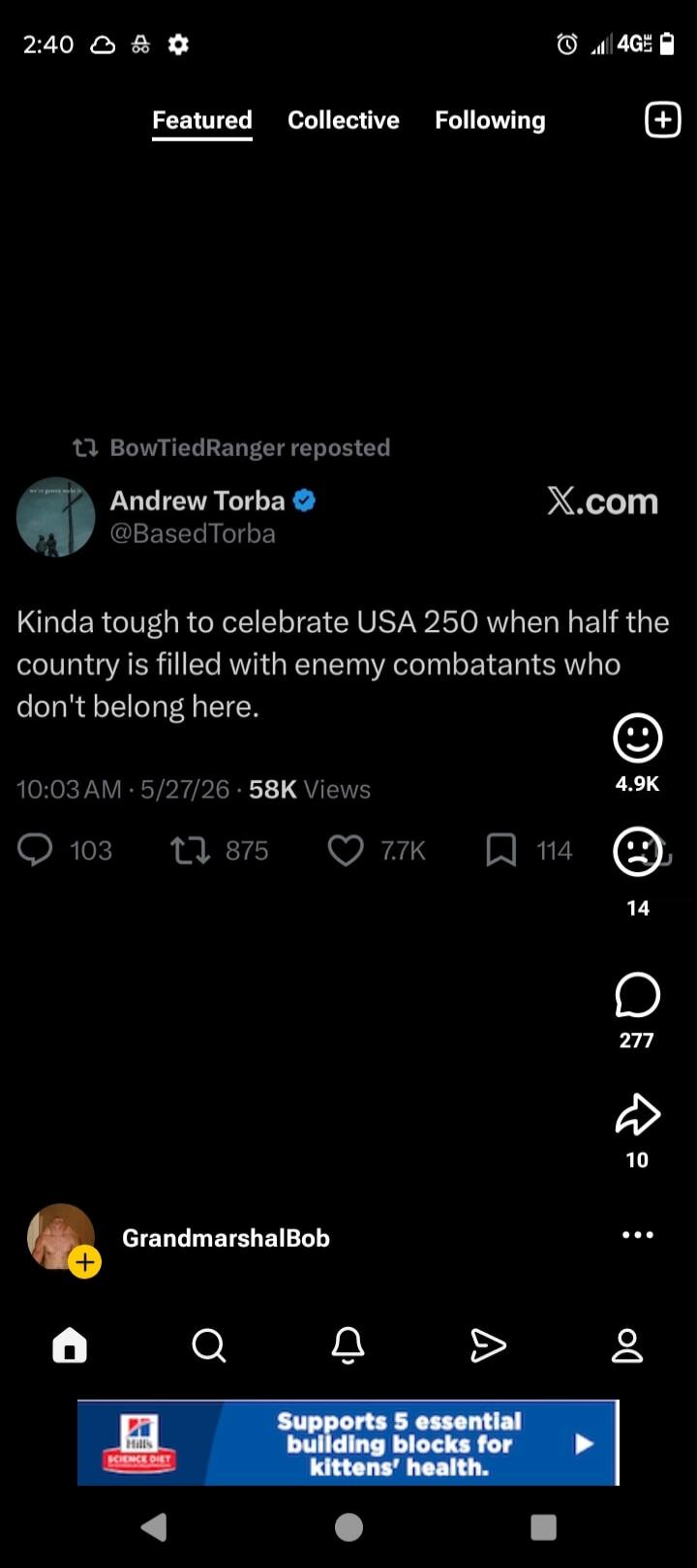 BowTiedRanger reposted Andrew Torba: Kinda tough to celebrate USA 250 when half the country is filled with enemy combatants who don't belong here.
