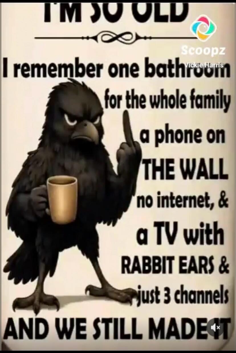 I'M SO OLD. I remember one bathroom for the whole family, a phone on THE WALL, no internet, & a TV with RABBIT EARS & just 3 channels. AND WE STILL MADE IT.