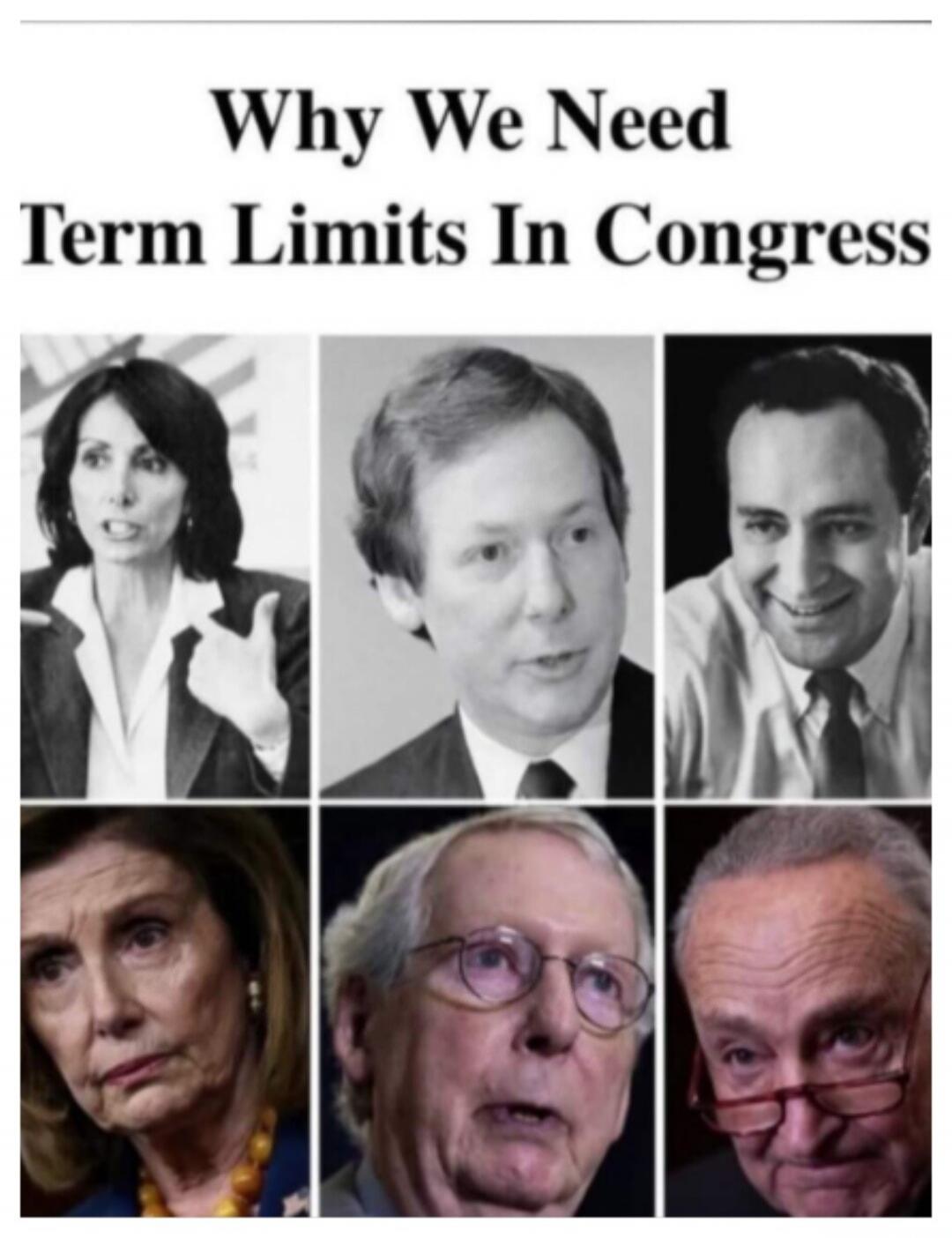 Why We Need Term Limits In Congress. The image displays a collage of six politicians. The top row shows three individuals appearing younger, while the bottom row features three individuals, appearing older, who are recognizable as Nancy Pelosi, Mitch McConnell, and Chuck Schumer. The meme implies that these politicians have served for an extended p