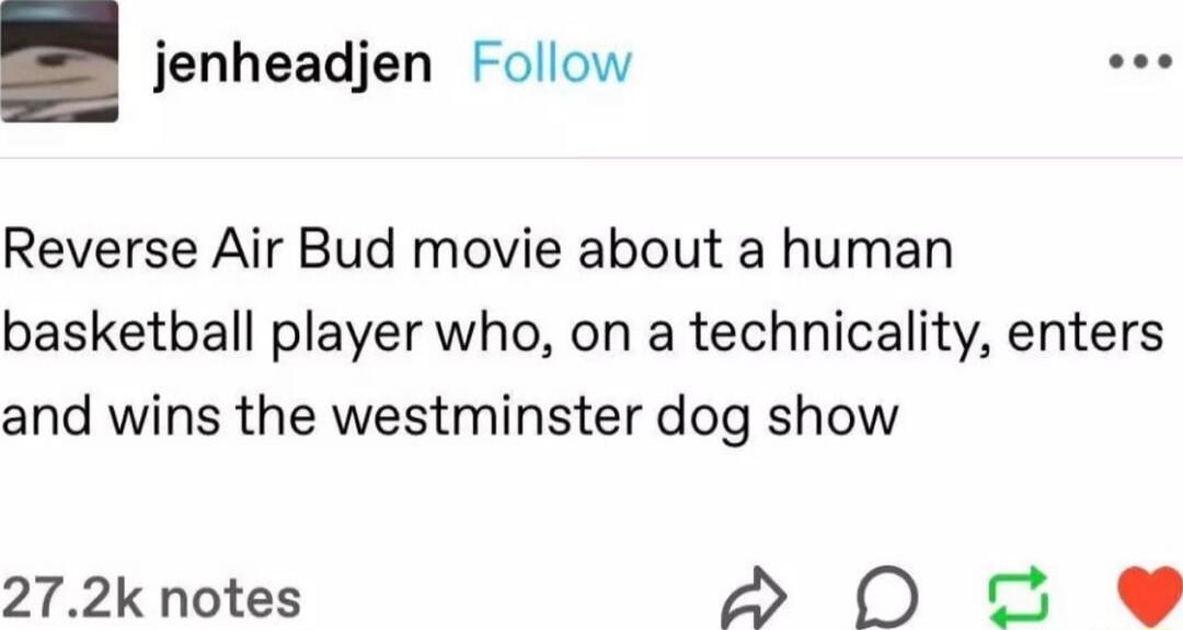 jenheadjen Follow ooe Reverse Air Bud movie about a human basketball player who on a technicality enters and wins the westminster dog show 272k notes S0 0 e