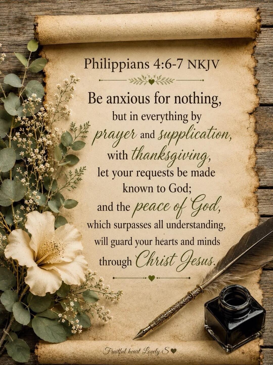 Philippians 4:6-7 NKJV Be anxious for nothing, but in everything by prayer and supplication, with thanksgiving, let your requests be made known to God; and the peace of God, which surpasses all understanding, will guard your hearts and minds through Christ Jesus. Fruitful heart Lovely S❤