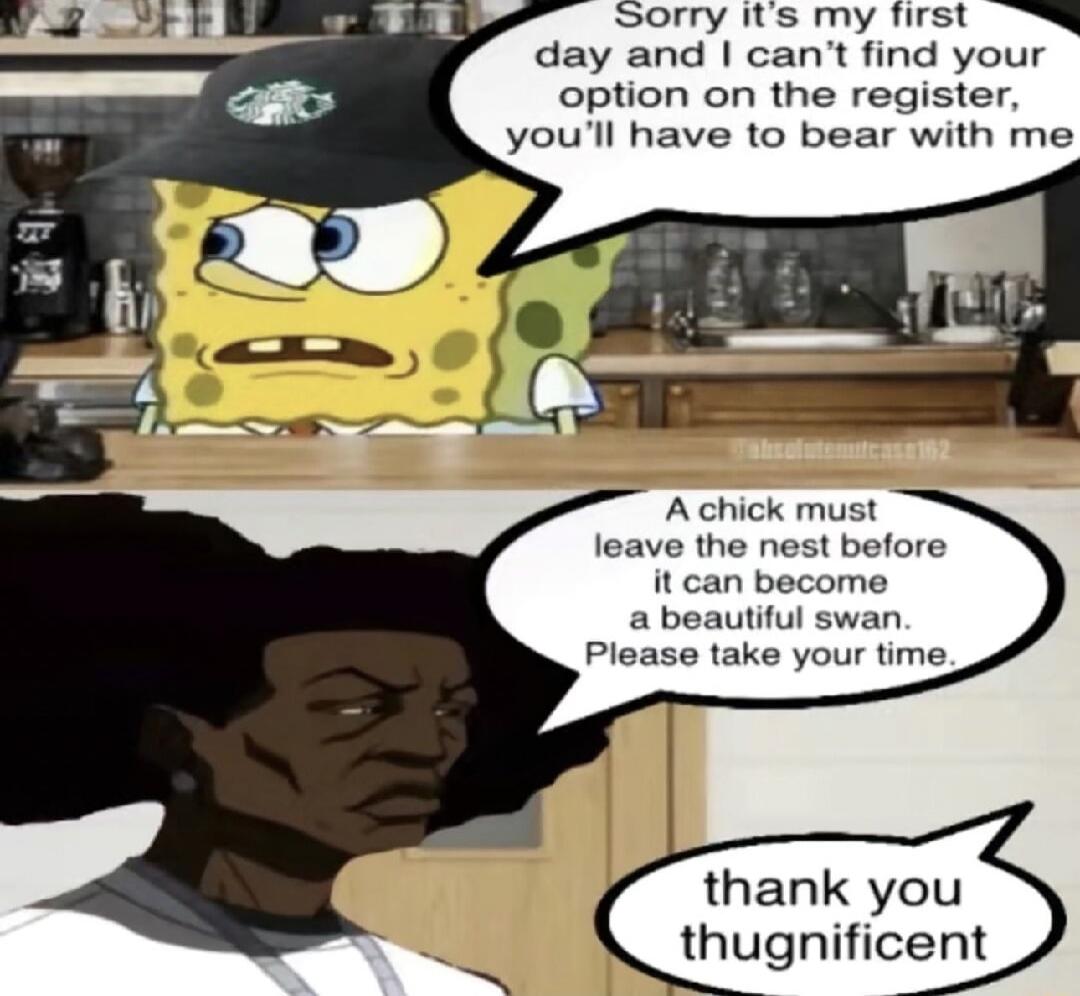 Sorry it's my first day and I can't find your option on the register, you'll have to bear with me. A chick must leave the nest before it can become a beautiful swan. Please take your time. thank you thugnificent