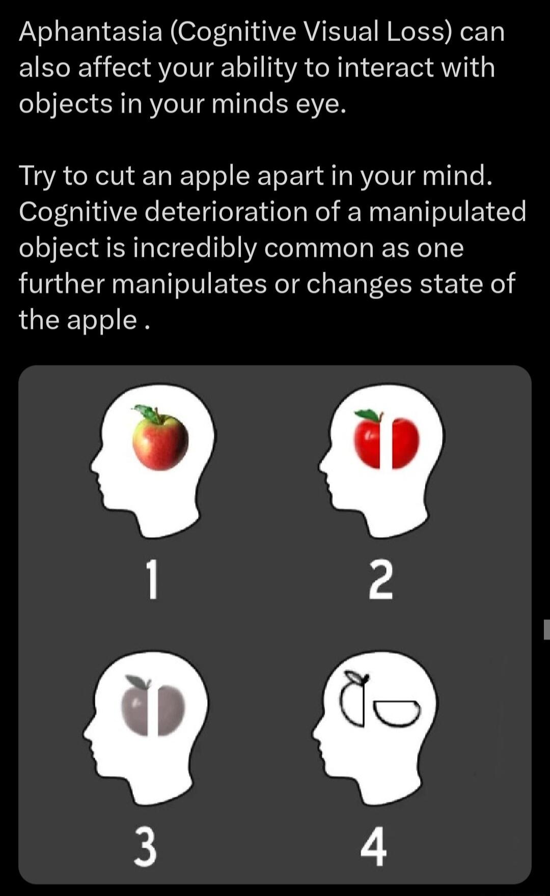 Aphantasia Cognitive Visual Loss can also affect your ability to interact with objects in your minds eye Try to cut an apple apart in your mind Cogpnitive deterioration of a manipulated object is incredibly common as one L0 Ta TN T oIV EY CER TR BT CERS Y X the apple