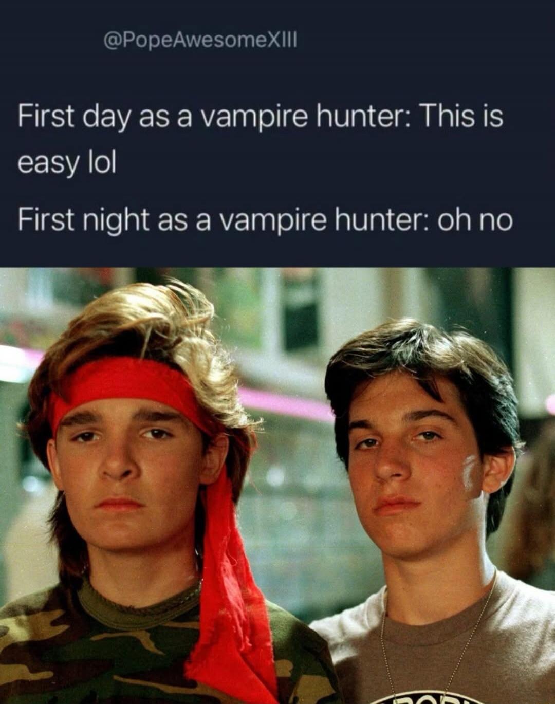 First day as a vampire hunter: This is easy lol First night as a vampire hunter: oh no