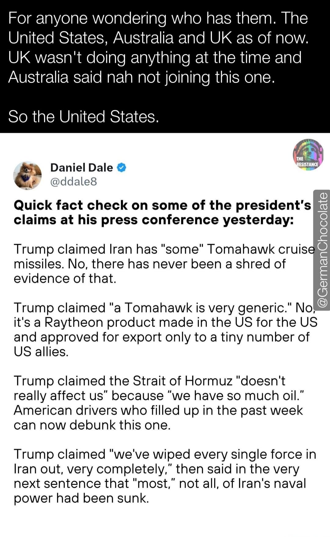For anyone wondering who has them. The United States, Australia and UK as of now. UK wasn't doing anything at the time and Australia said nah not joining this one. So the United States. Daniel Dale @ddale8 Quick fact check on some of the president's claims at his press conference yesterday: Trump claimed Iran has 