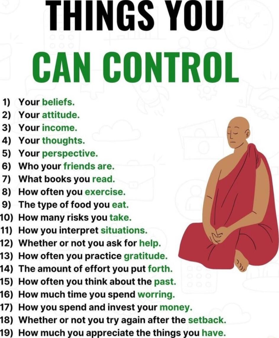 THINGS YOU CAN CONTROL 1 Your beliefs 2 Your attitude 3 Yourincome 4 Your thoughts 5 Your perspective 6 Who your friends are 7 What books you read 8 How often you exercise 9 The type of food you eat 10 How many risks you take 11 How you interpret situations 12 Whether or not you ask for help 13 How often you practice gratitude 14 The amount of effort you put forth 15 How often you think about the 