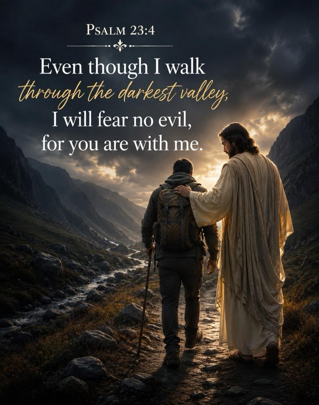 PSALM 23:4 Even though I walk through the darkest valley, I will fear no evil, for you are with me.
