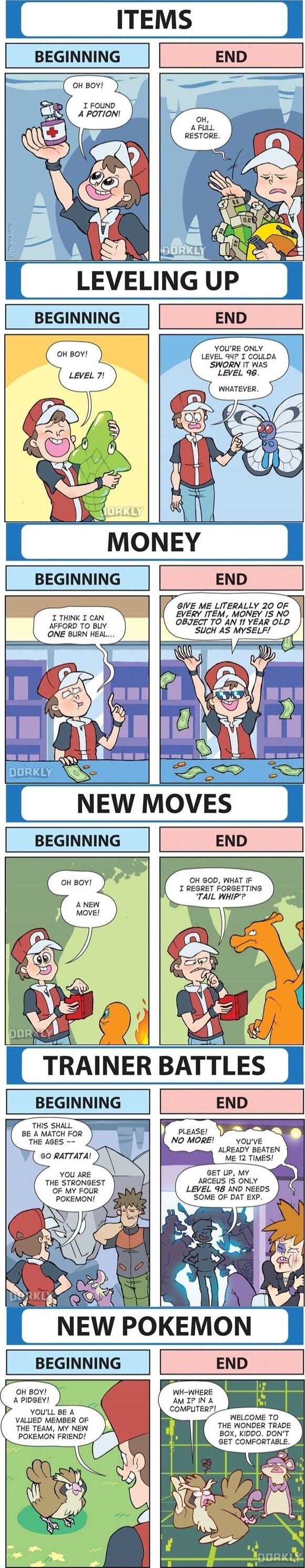 ITEMS BEGINNING END A PoTION I FOUND oH A FULL RESTORE A S Jhiw Oy LEVELINGUP BEGINNING END voure one m 1250 WHATEVER AFFORD TO BUY ONE BURN HEAL I THINK I CAN GIVE ME LITERALLY 20 OF EVERY TEM MONEY 1S NO OBJECT TO AN 11 YEAR OLD SUcH AS MYSELF TRAINER BATTLES OH 60D WHAT IF I REGRET FORGETTING TAIL WHIP BEGINNING G U s NG e THE AGES 50 RATTATA YOU ARE THE STRONGEST OF MY FOLR POKEMON ALREADY BEA