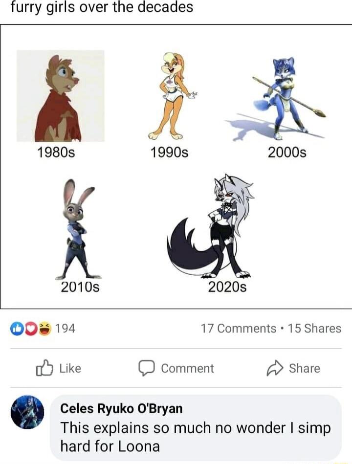 furry girls over the decades 0 194 17 Comments 15 Shares oY Like D comment Share Celes Ryuko OBryan This explains so much no wonder simp hard for Loona