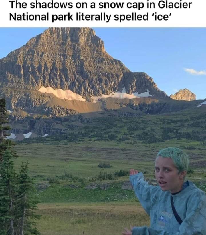 The shadows on a snow cap in Glacier National park literally spelled ice