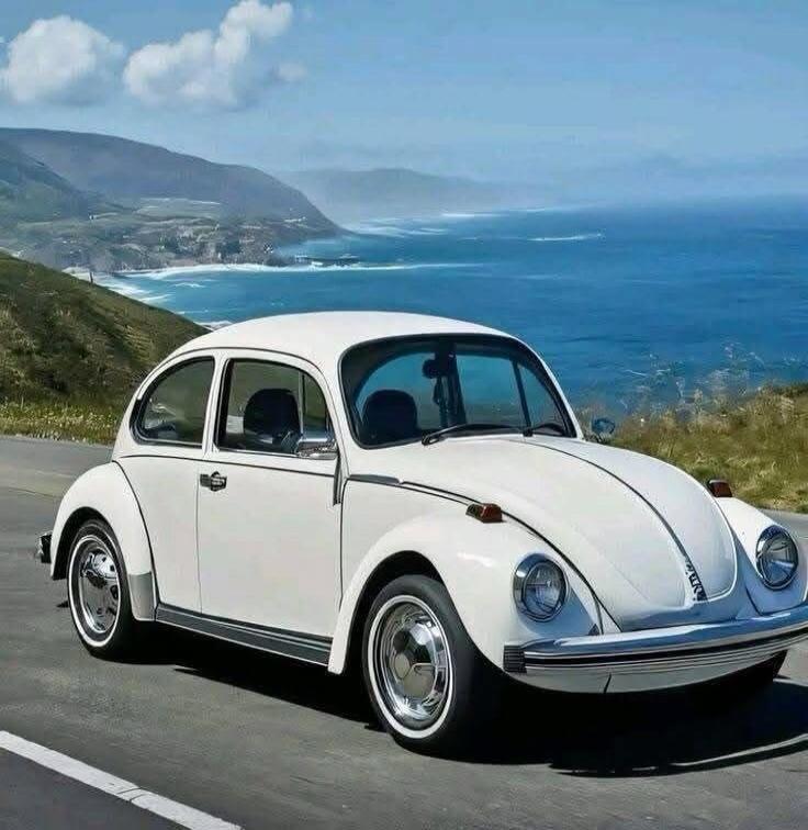 A white vintage Volkswagen Beetle car driving on a coastal road with cliffs and ocean.