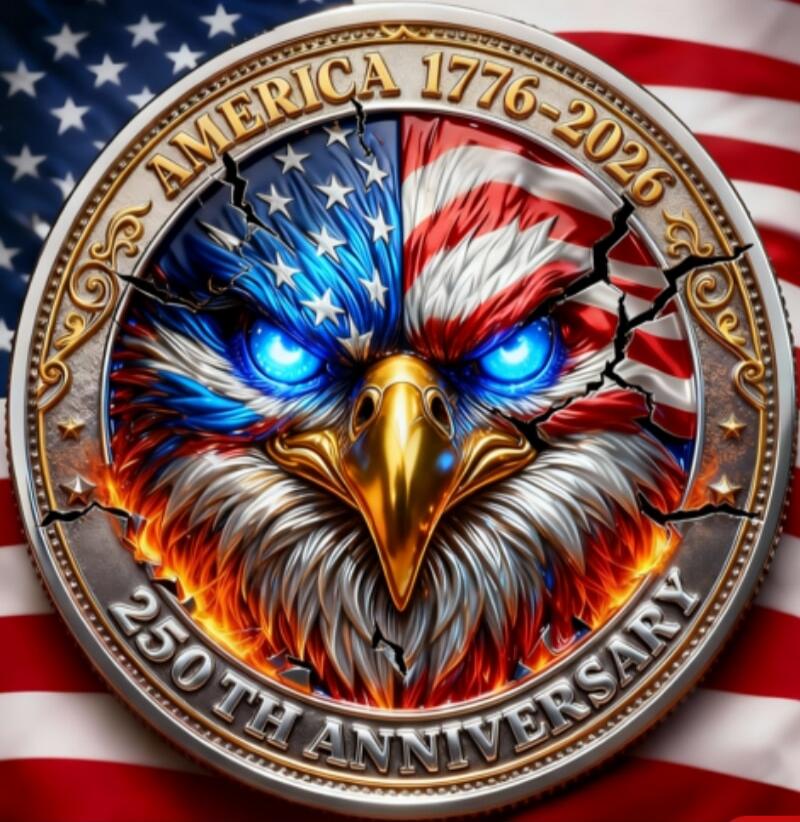 An emblem featuring an eagle's head stylized with the American flag, with glowing blue eyes, and text 'AMERICA 1776-2026' and '250 TH ANNIVERSARY' on a background of the American flag.