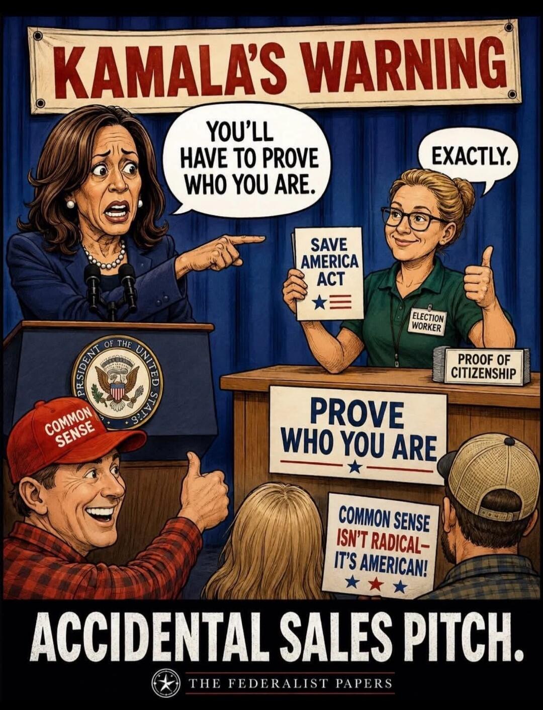 KAMALA'S WARNING YOU'LL HAVE TO PROVE WHO YOU ARE. EXACTLY. SAVE AMERICA ACT ELECTION WORKER PROOF OF CITIZENSHIP COMMON SENSE PROVE WHO YOU ARE COMMON SENSE ISN'T RADICAL - IT'S AMERICAN! ACCIDENTAL SALES PITCH. THE FEDERALIST PAPERS