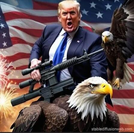 A political meme-style image of Donald Trump holding a large rifle in front of an American flag, with two eagles nearby.