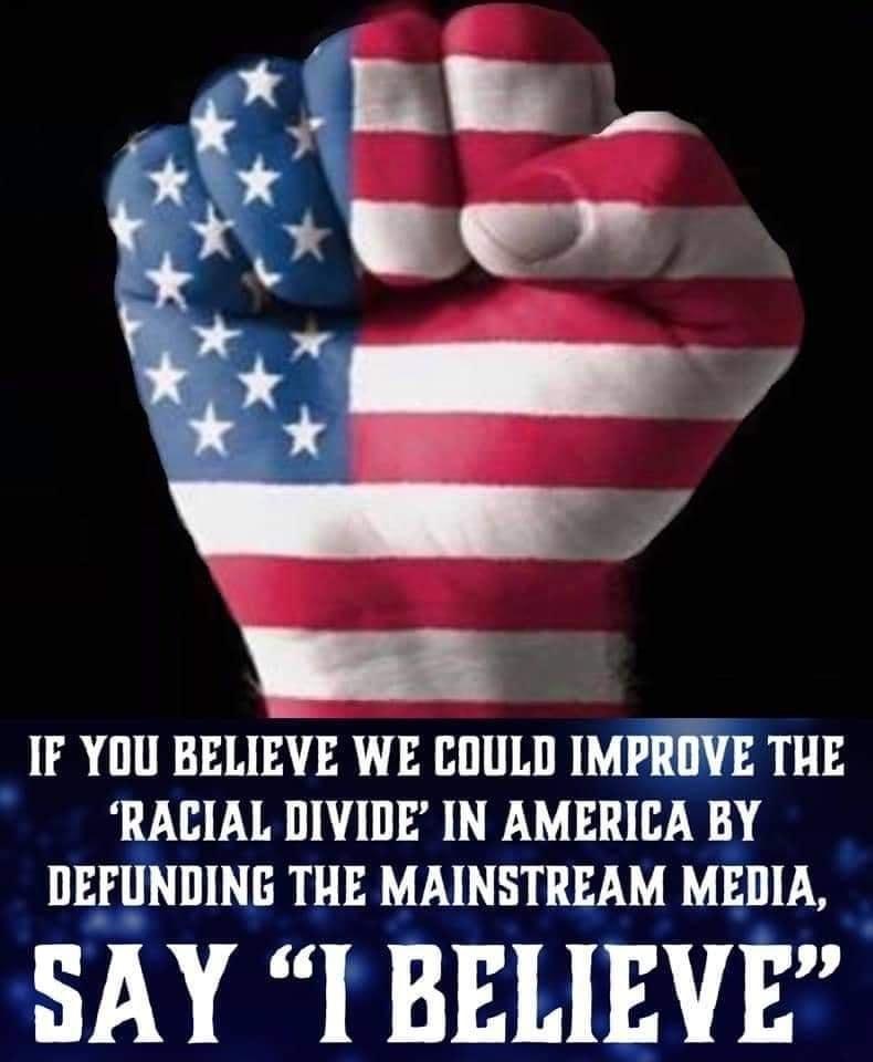 IF YOU BELIEVE WE COULD IMPROVE THE RACIAL DIVIDE IN AMERICA BY DEFUNDING THE MAINSTREAM MEDIA SAY I BELIEVE