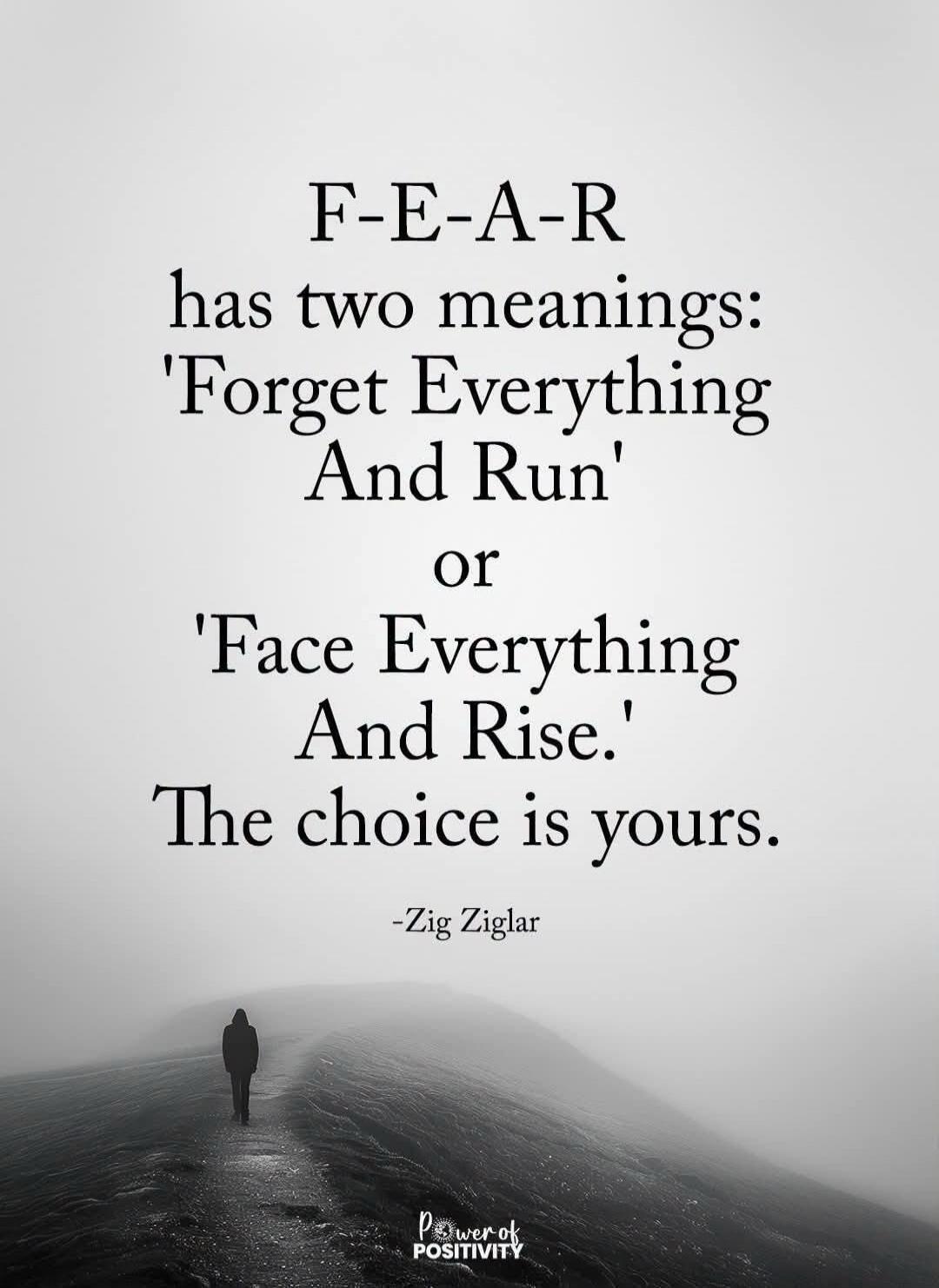 F-E-A-R has two meanings: 'Forget Everything And Run' or 'Face Everything And Rise.' The choice is yours. -Zig Ziglar Power of Positivity