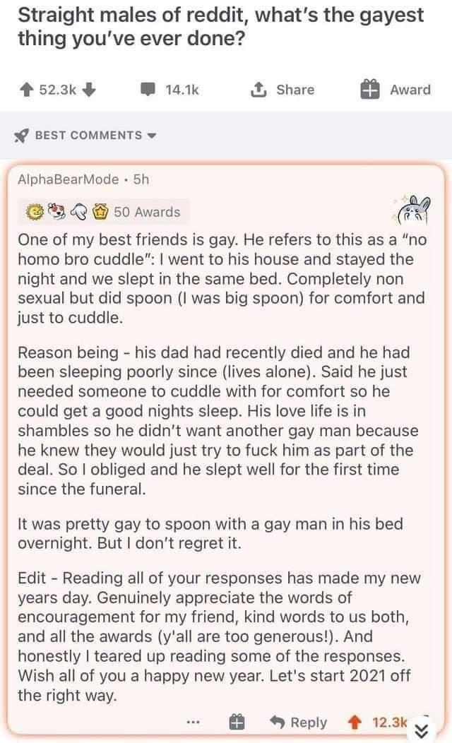 Straight males of reddit whats the gayest thing youve ever done 4523k 14k share B8 Award BEST COMMENTS v AlphaBearMode 5h Q 50 Awards m One of my best friends is gay He refers to this as a no homo bro cuddle went to his house and stayed the night and we slept in the same bed Completely non sexual but did spoon I was big spoon for comfort and just to cuddle Reason being his dad had recently died an