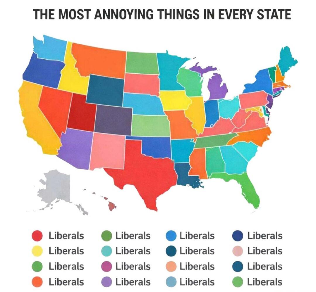 THE MOST ANNOYING THINGS IN EVERY STATE. The legend below the map shows various colors, each labeled 'Liberals'.
