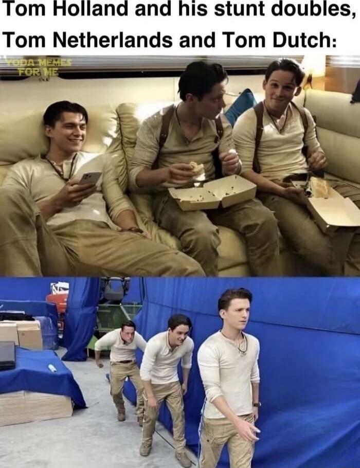 Tom Holland and his stunt doubles, Tom Netherlands and Tom Dutch: