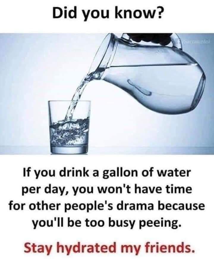 Did you know If you drink a gallon of water per day you wont have time for other peoples drama because youll be too busy peeing Stay hydrated my friends