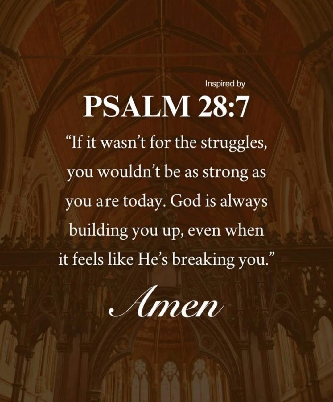 Inspired by PSALM 28:7 “If it wasn’t for the struggles, you wouldn’t be as strong as you are today. God is always building you up, even when it feels like He’s breaking you.” Amen