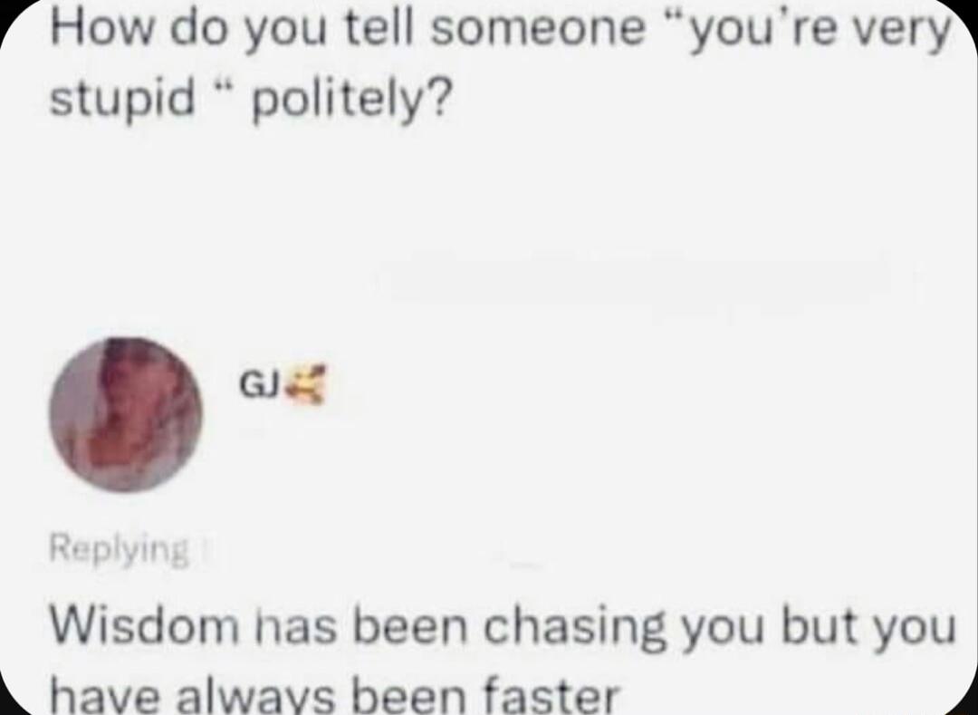 How do you tell someone youre veryY stupid politely m Replying Wisdom has been chasing you but you L have alwavs been faster
