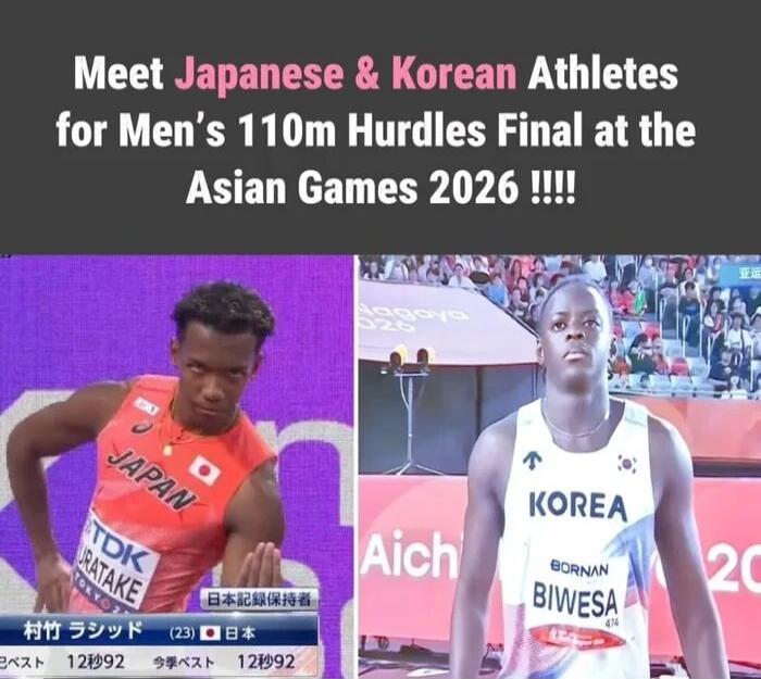 Meet Japanese & Korean Athletes for Men's 110m Hurdles Final at the Asian Games 2026 !!!! Japan TDK Uratake Murata Rashid (23) Japan Japanese record holder Personal best 12.92s Season best 12.92s Korea Bornan Biwesa