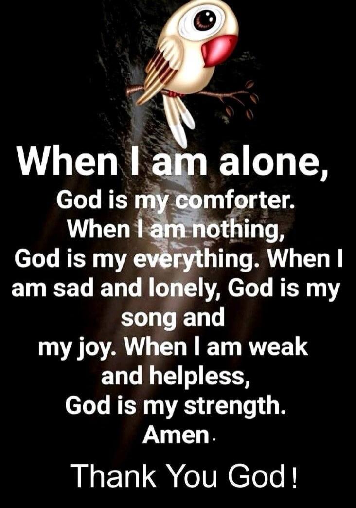 When I am alone, God is my comforter. When I am nothing, God is my everything. When I am sad and lonely, God is my song and my joy. When I am weak and helpless, God is my strength. Amen. Thank You God!