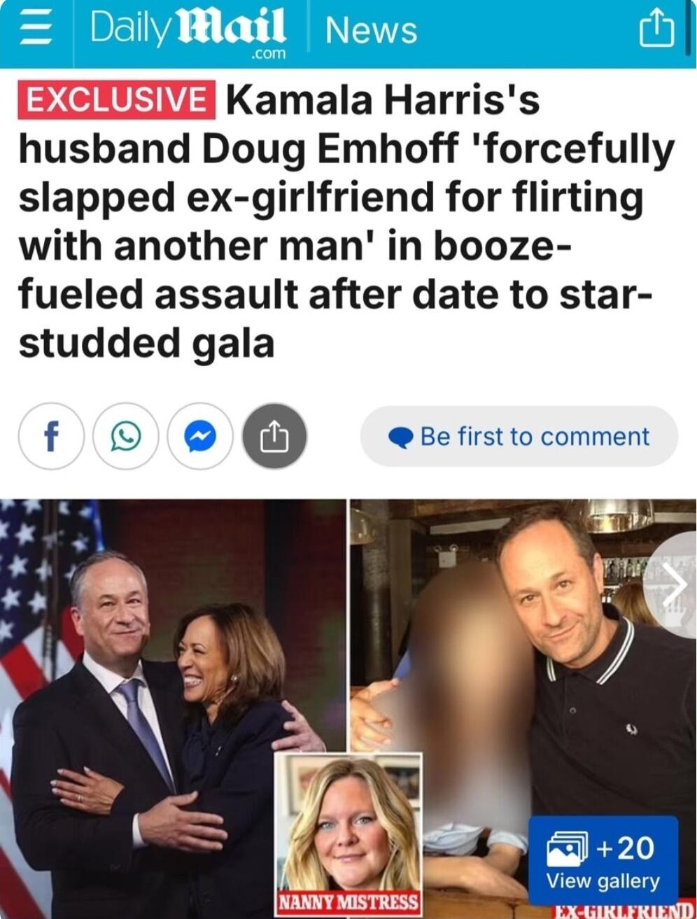 Kamala Harriss husband Doug Emhoff forcefully slapped ex girlfriend for flirting with another man in booze fueled assault after date to star studded gala f O Be first to comment 20 View gallery