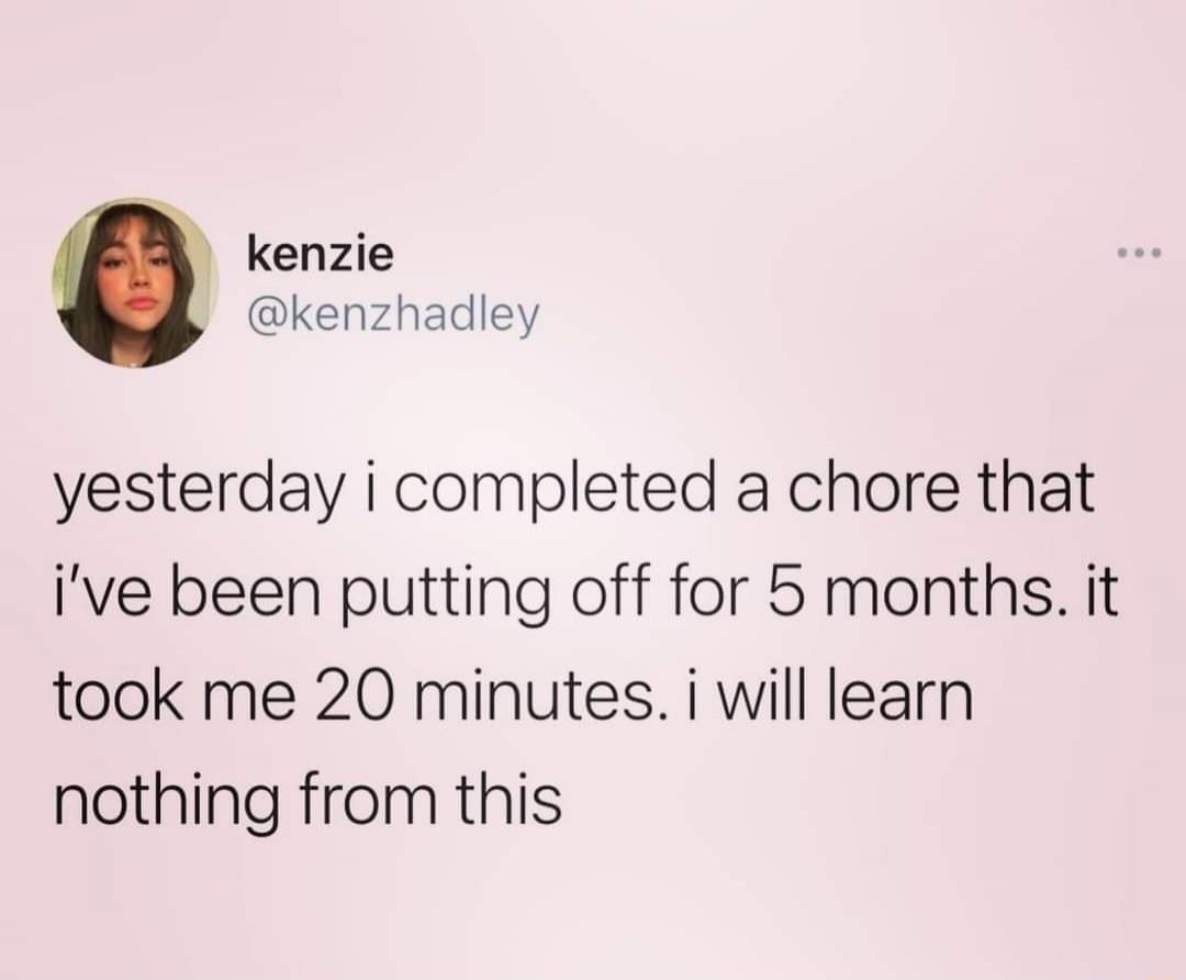 yesterday i completed a chore that i’ve been putting off for 5 months. it took me 20 minutes. i will learn nothing from this