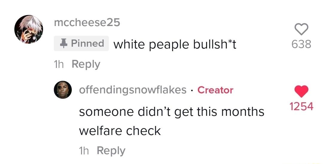 mecheese25 X Pinned white peaple bullsht 1h Reply offendingsnowfiakes Creator someone didnt get this months welfare check 1h Reply