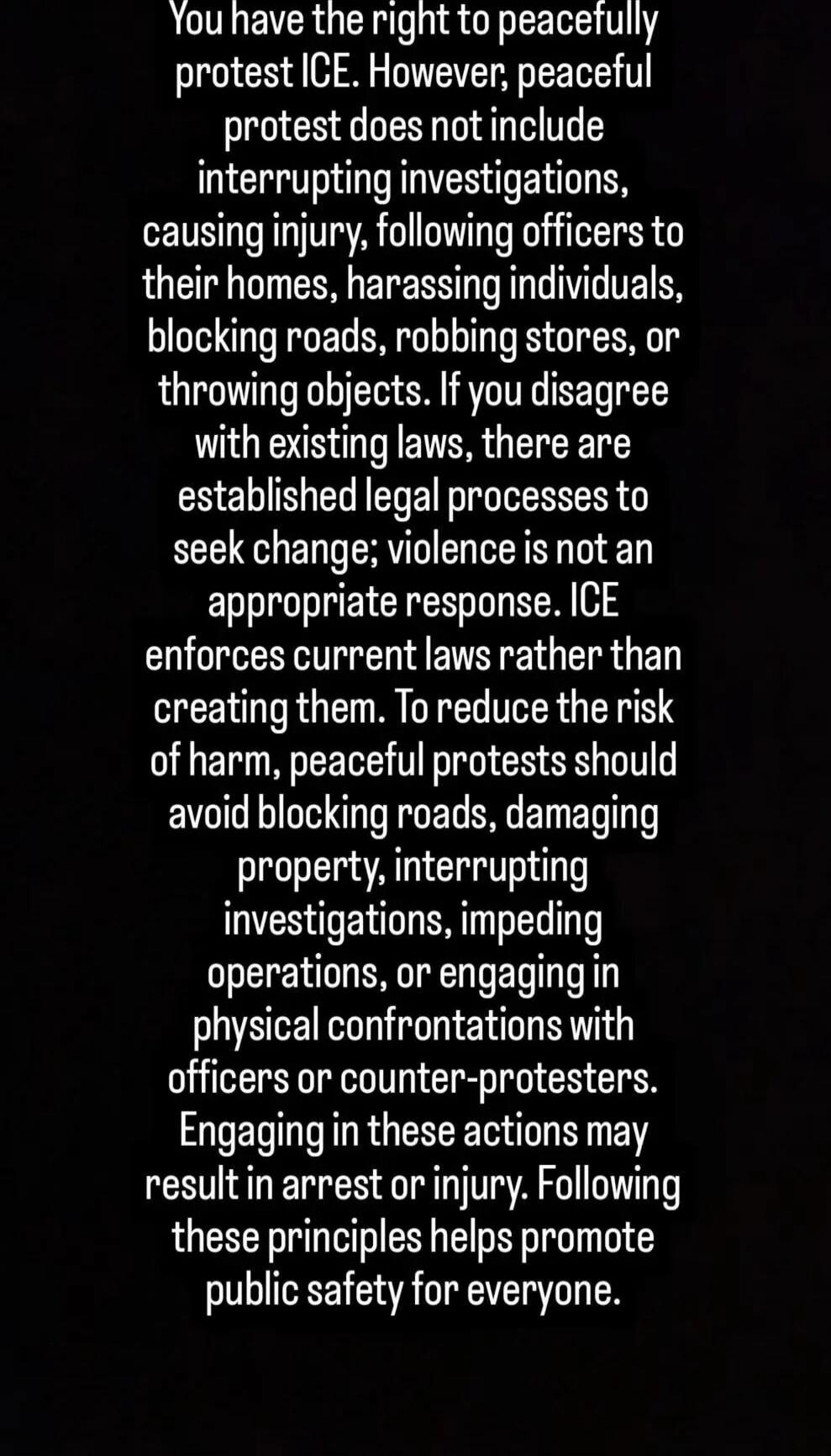 You have the right to peacefully protest ICE. However, peaceful protest does not include interrupting investigations, causing injury, following officers to their homes, harassing individuals, blocking roads, robbing stores, or throwing objects. If you disagree with existing laws, there are established legal processes to seek change; violence is not
