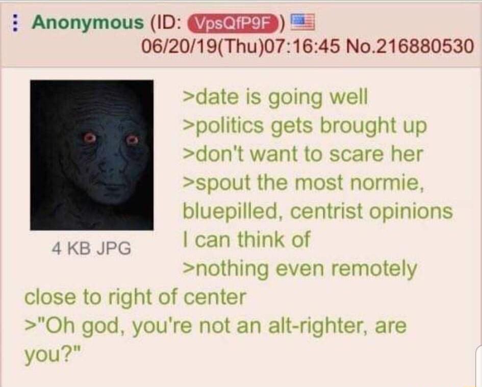 i Anonymous ID ERED 062019Thu071645 No216880530 date is going well politics gets brought up dont want to scare her spout the most normie bluepilled centrist opinions can think of nothing even remotely close to right of center Oh god youre not an alt righter are you
