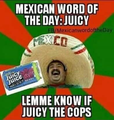 MEXICAN WORD OF THE DAY: JUICY FB/MexicanwordoftheDay MEXICO Juicy Juice 100% JUICE BERRY LEMME KNOW IF JUICY THE COPS